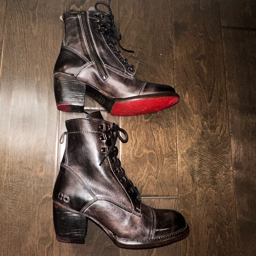 BED|STU Brown Lace-Up Leather Ankle Boots with Red Lining - Picture 7 of 16
